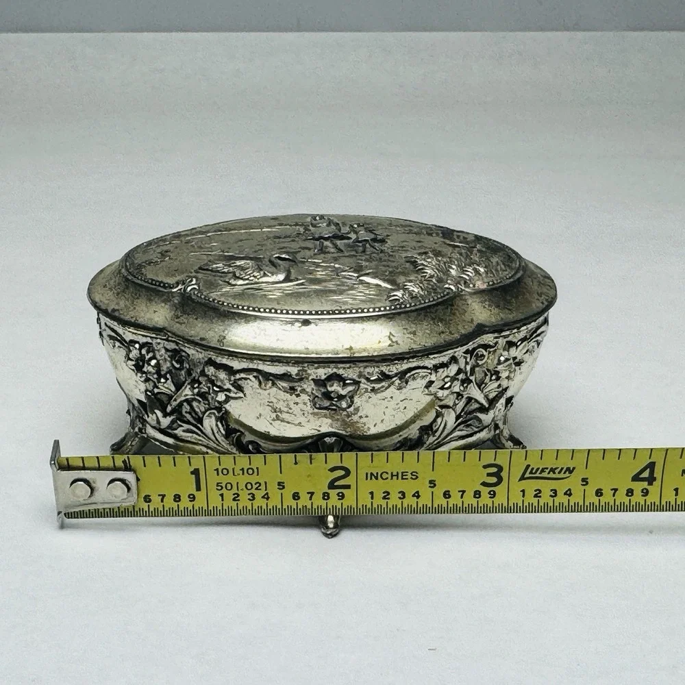 VTG Silver Metal Trinket Or Jewelry Box Lined W/ Red Velvet And An Embossed Top